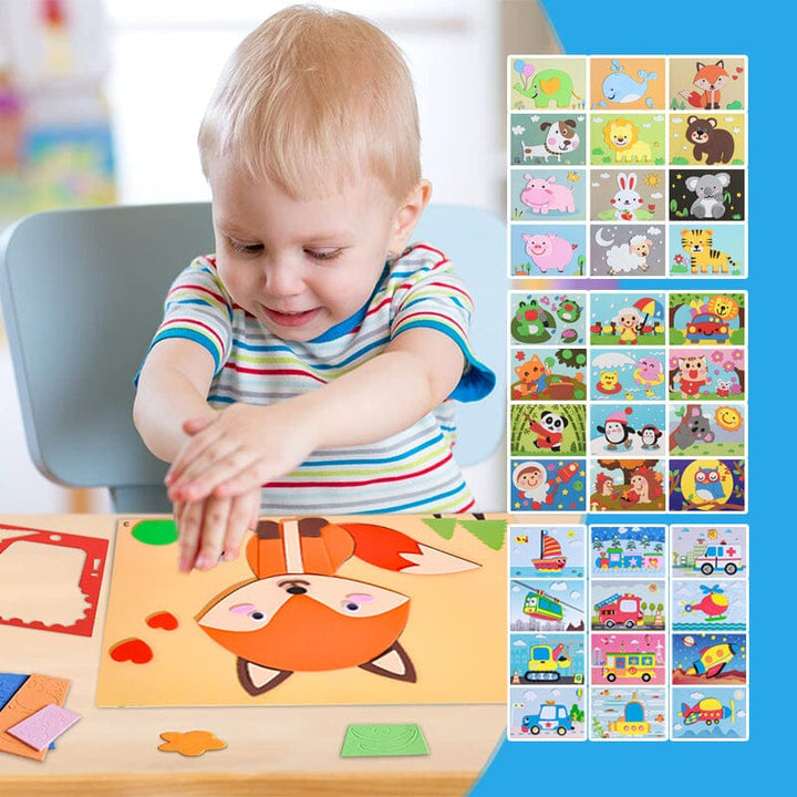 Children creating sticker art with a DIY foam kit, enhancing fine motor skills and creativity.