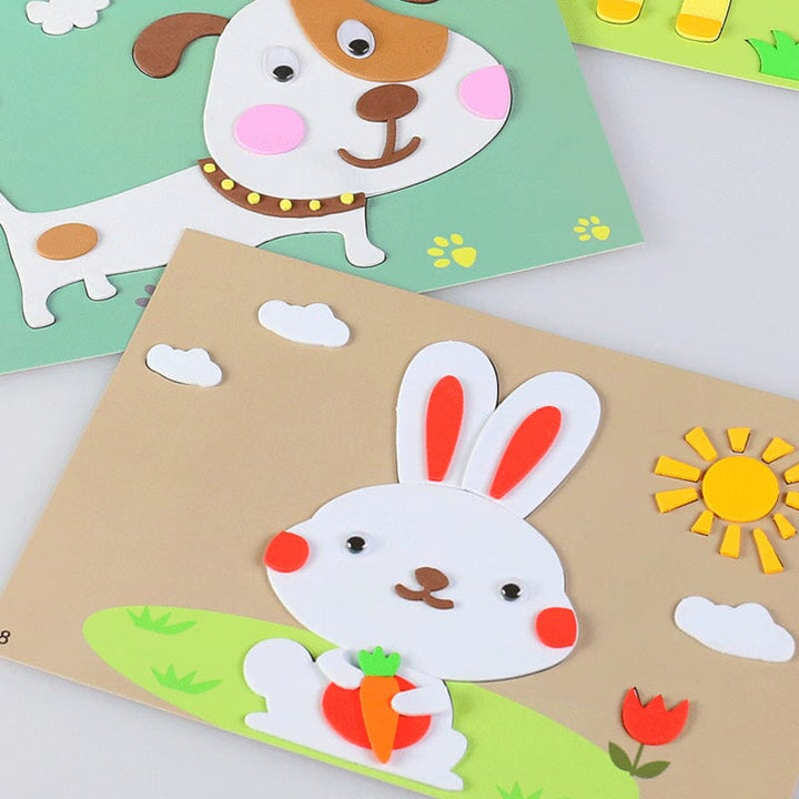 Child's hands carefully placing foam stickers onto a background, demonstrating creative play with a DIY kit.