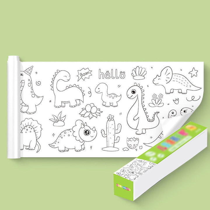 Packaging of the Kids' Creative Drawing Roll, highlighting 'dinosaur' & 'princess' themes and educational value