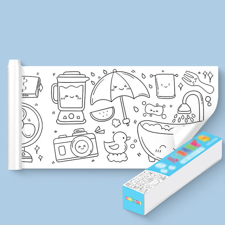 Wall sticker drawing roll, partly adhered to a wall, showing a child enthusiastically coloring a dinosaur