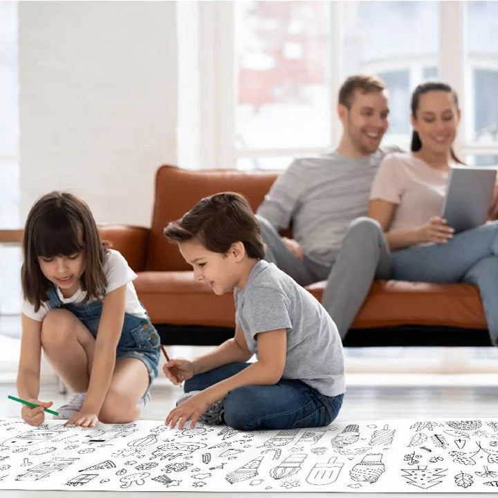Creative play drawing roll for kids, featuring dinosaur designs, promotes fine motor skills and imagination