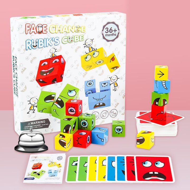 Child playing with Kids' Educational Expression Puzzle Cubes, solving a logic puzzle with emoji blocks