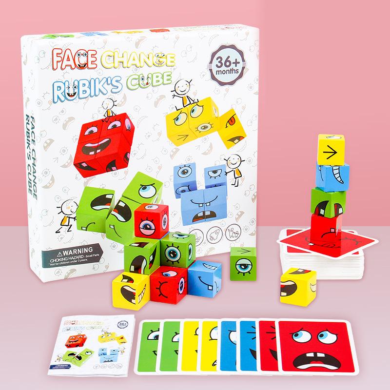 Kids' puzzle cubes game, educational toy for family fun, building blocks with emotion emojis