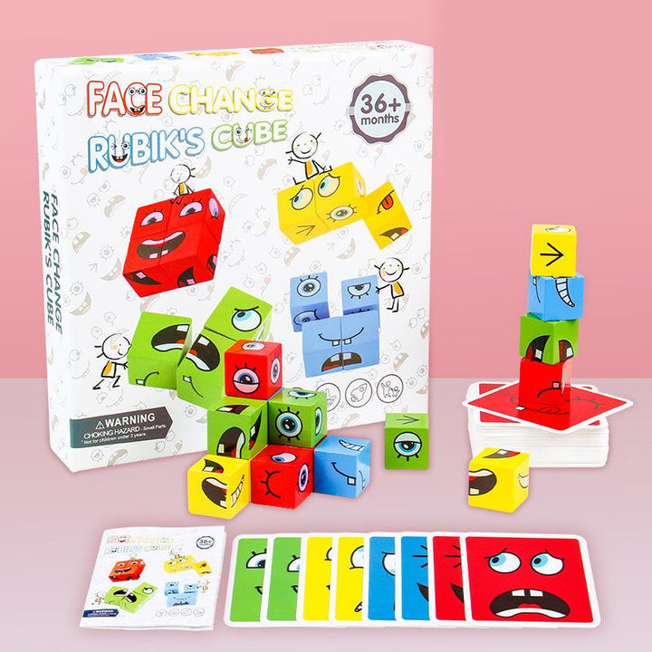 Kids' puzzle cubes game, educational toy for family fun, building blocks with emotion emojis