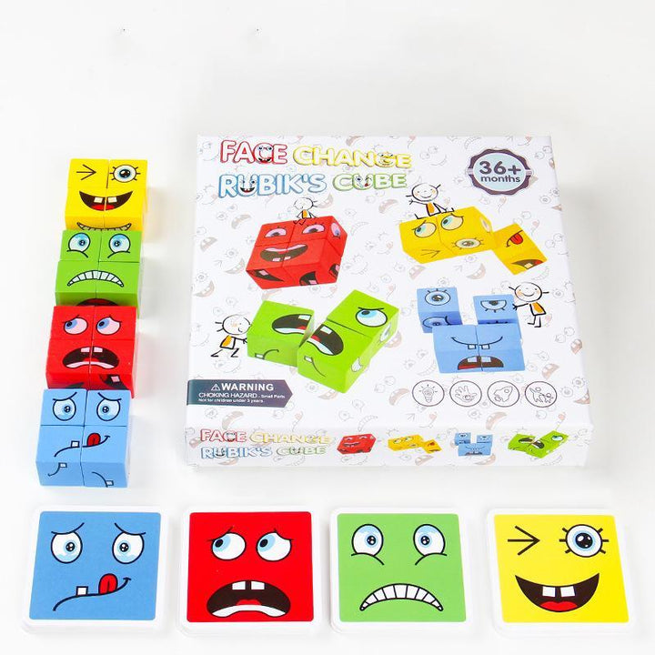 Kids' toy expression puzzle cubes on a playmat, promoting logic and emotional recognition