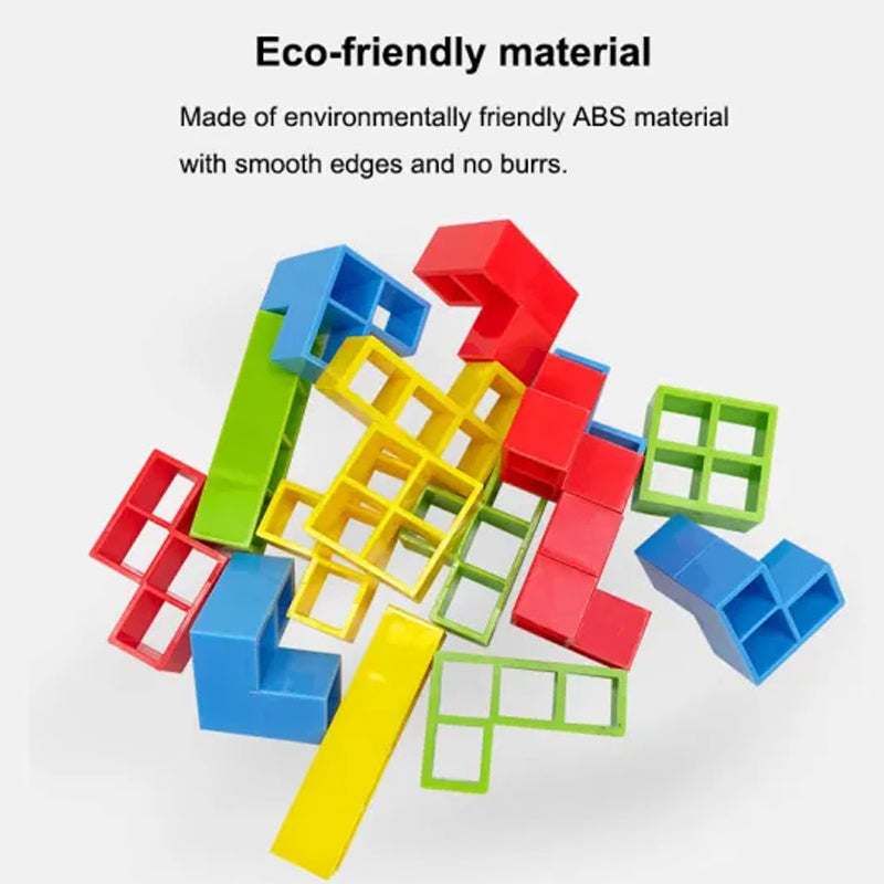 Multiple colorful stacking pieces from the Swing Stack-Up Balance Toy, made from safe ABS plastic.