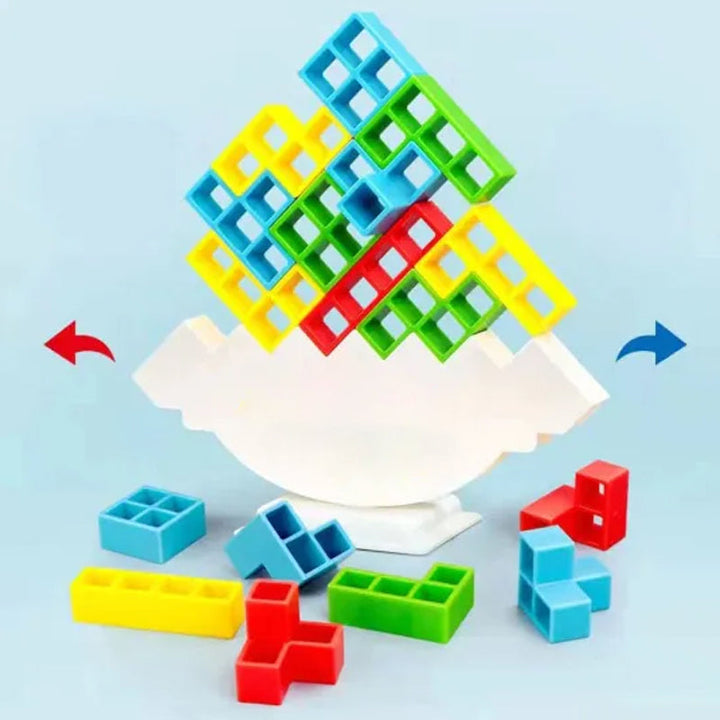 Family enjoying the Swing Stack-Up Balance Toy, an engaging party game for all ages.