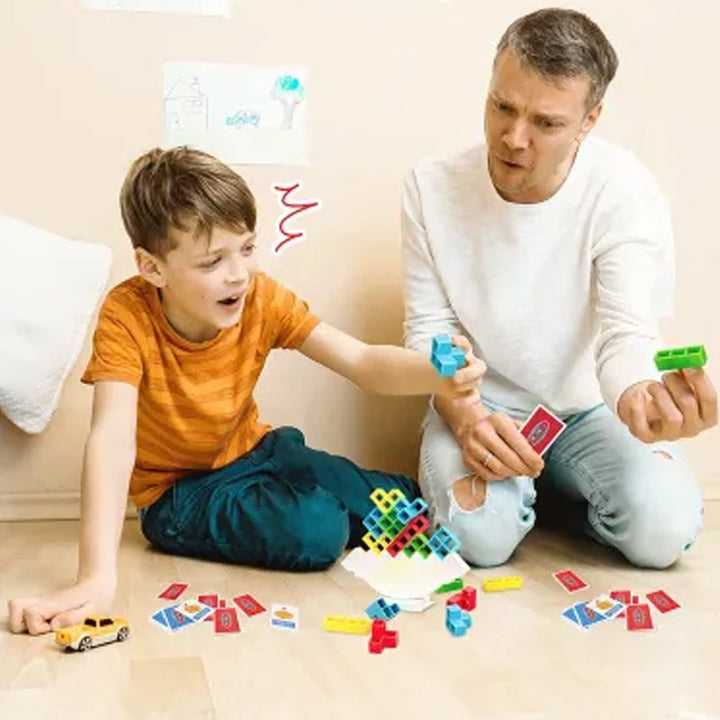 Overhead view of the Swing Stack-Up Balance Toy, showing multiple stacked pieces in action.