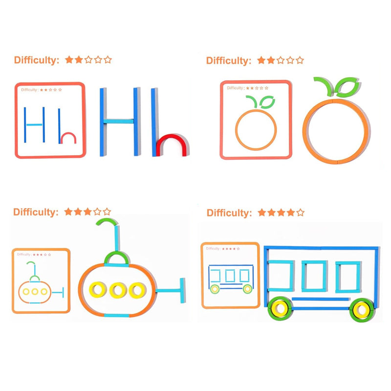 Overhead view of the Kids' Wooden Puzzle Logic Training Set components, colorful and engaging