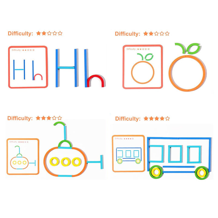 Overhead view of the Kids' Wooden Puzzle Logic Training Set components, colorful and engaging