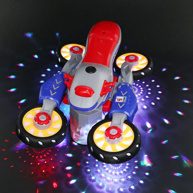 Brightly colored electric transforming motorcycle toy for toddlers