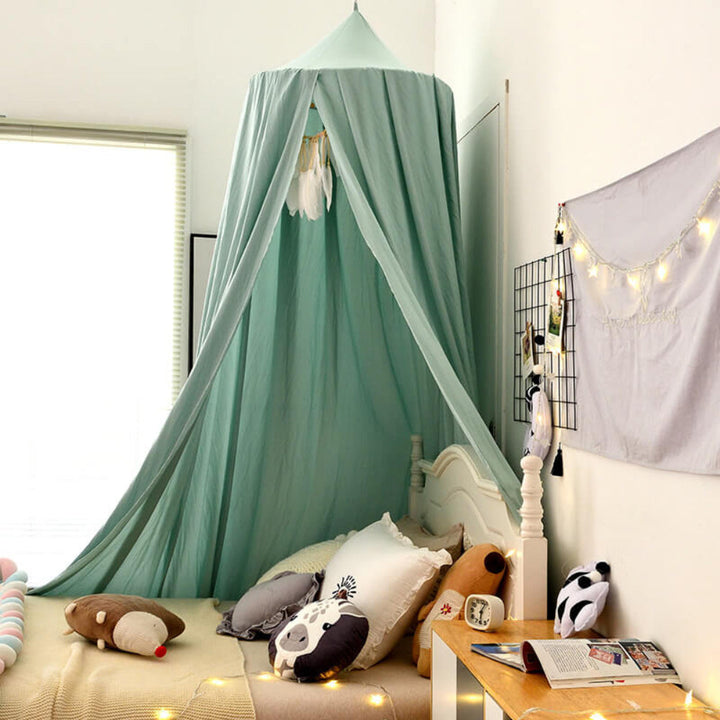 Children's room accent: a beautiful white hanging canopy, perfect for dreamy sleep or play.