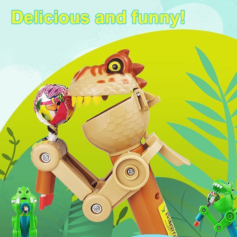Close-up of a playful dinosaur lollipop holder, holding a colorful lollipop, ideal kids' toy gift