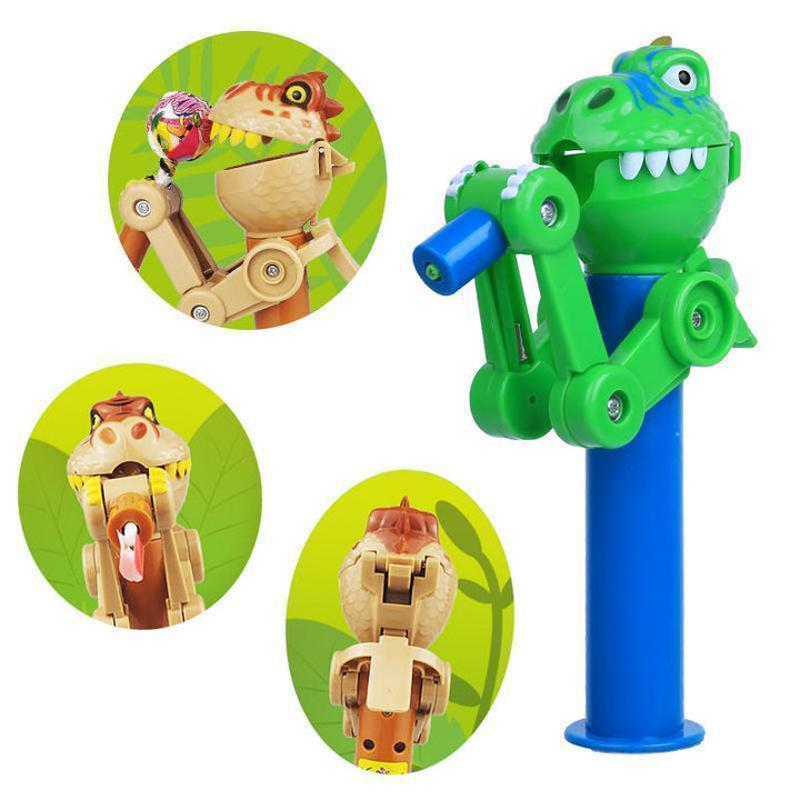 Novelty dinosaur lollipop holder toy, displaying fun design for kids' entertainment and candy storage