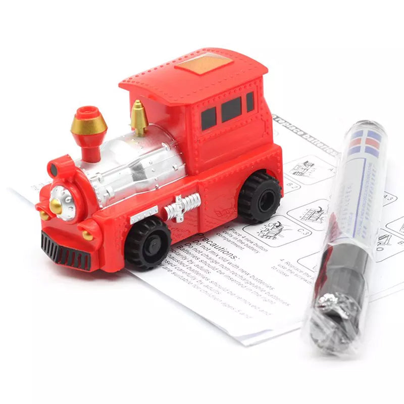 Packaging for a kids inductive follow-the-line toy car, showing play