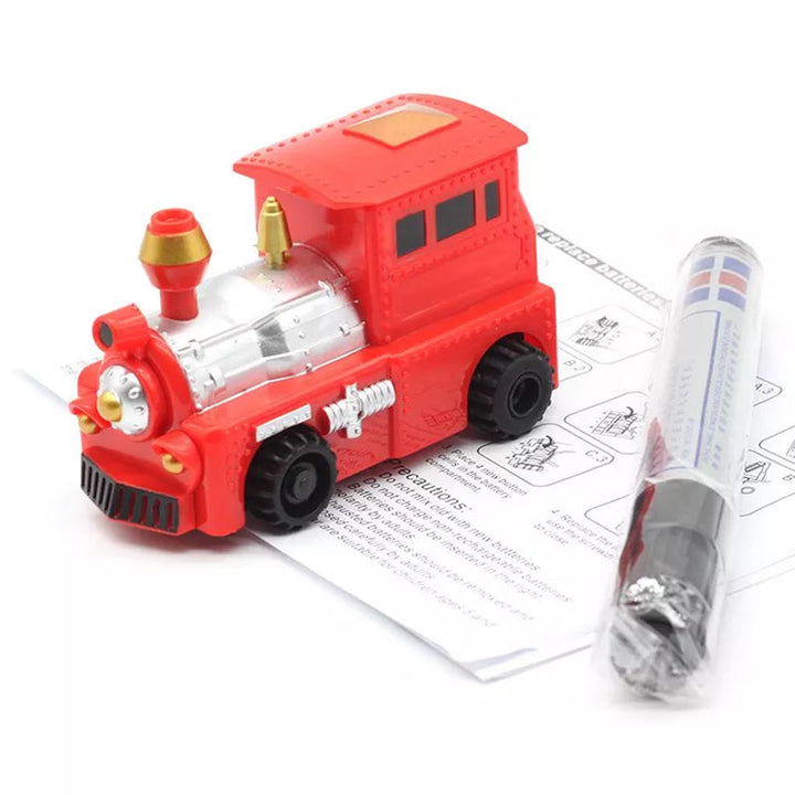 Packaging for a kids inductive follow-the-line toy car, showing play