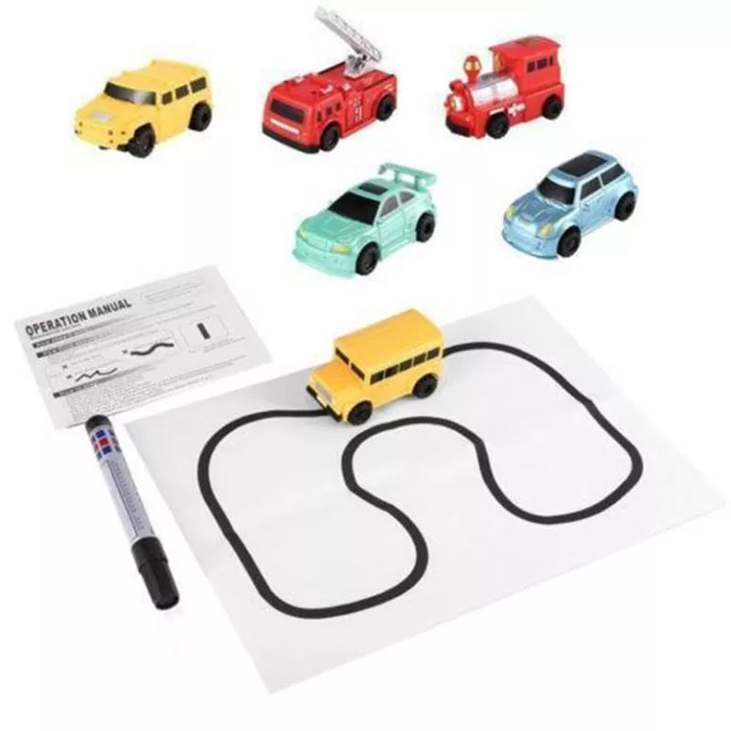 Red inductive toy car following a thick black marker line on a table