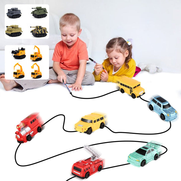 Interactive kids toy: blue inductive car moving along a custom-drawn route