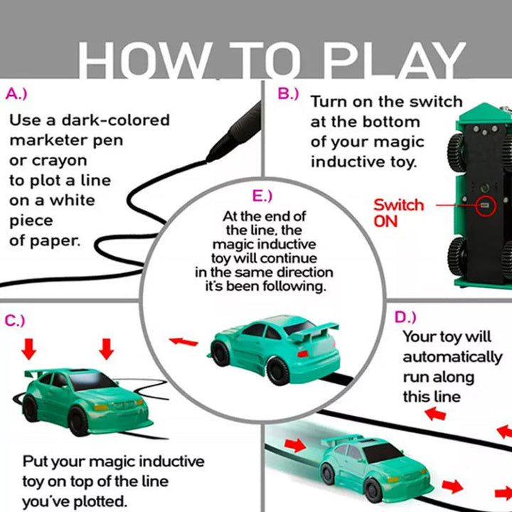 Child drawing a black line for an inductive toy car to follow on paper