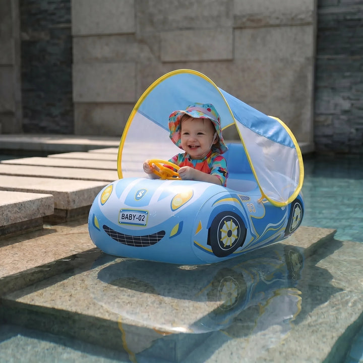 Toddler car pool float with UPF sun canopy for baby swim, ensuring safe sun protection & summer water fun.