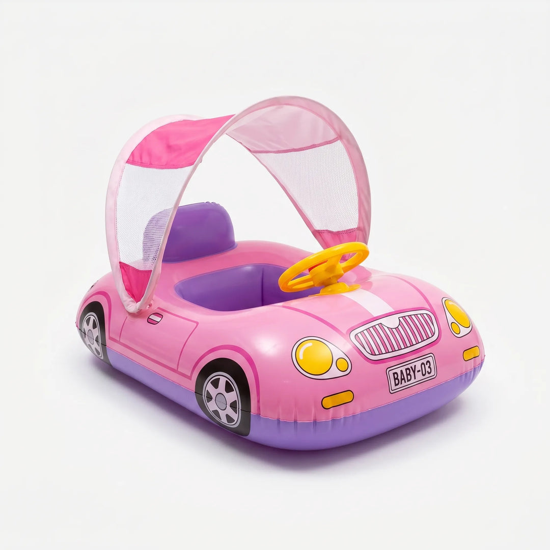 Fun inflatable car float for kids with steering wheel & shade canopy; perfect toddler water toy & swim aid.