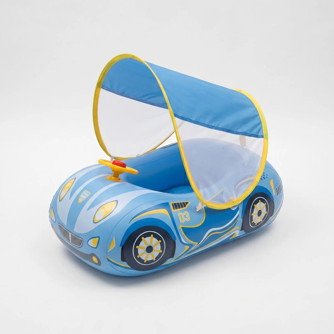 Baby & toddler inflatable car pool float with sun canopy; ideal swimming aid & water toy for summer fun.
