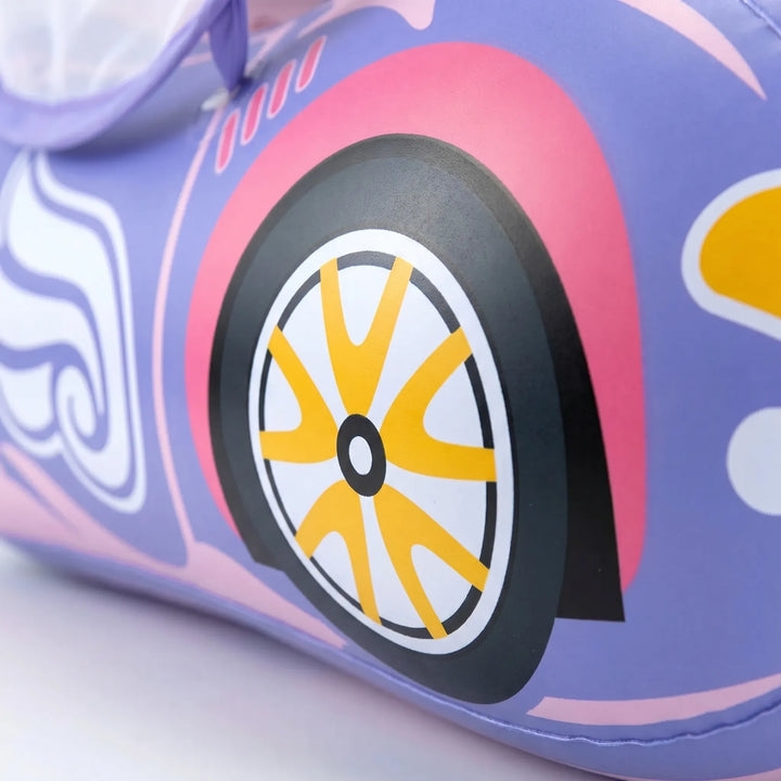 Inflatable car float for kids, featuring a sun canopy & easy-to-use design for toddler water play & swimming.