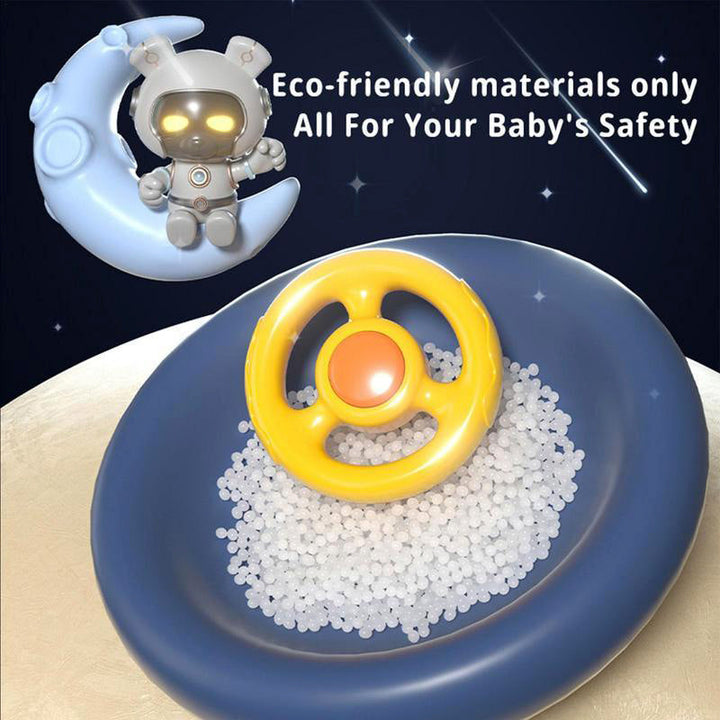 Kids' interactive racing steering wheel game. Electronic toddler toy with engaging buttons, lights, and sounds for play.