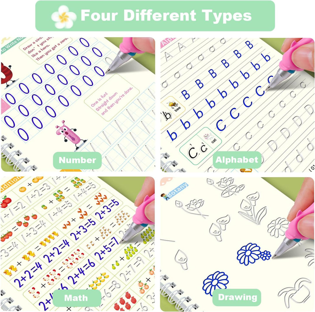 Close-up of a child's hand guiding a pen in a reusable handwriting practice book, educational toy