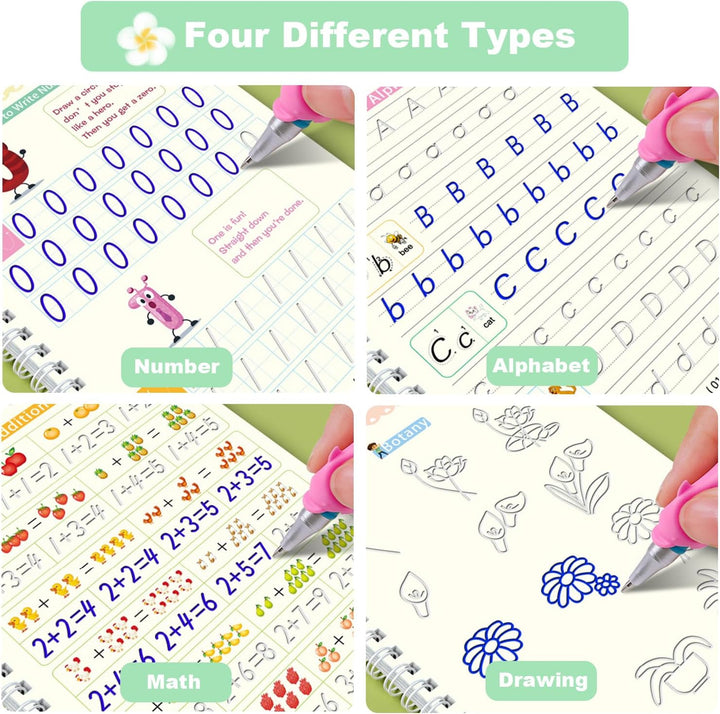 Close-up of a child's hand guiding a pen in a reusable handwriting practice book, educational toy