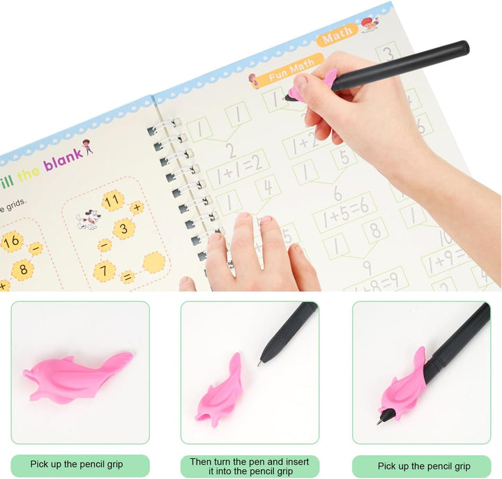 Set of reusable practice books for kids covering handwriting, math, and drawing with magic ink pens