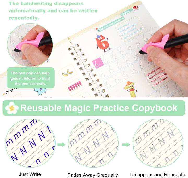 Children's educational workbook set: handwriting, alphabet, numbers, and math with reusable pages