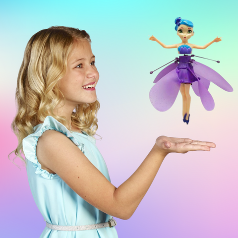 LED lit flying princess doll toy in mid-flight, hand-controlled interactive fun for children and girls.