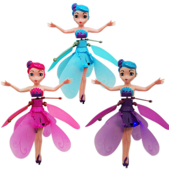Enchanting LED flying fairy princess doll toy, rechargeable and hand-controlled for magical indoor play for kids.