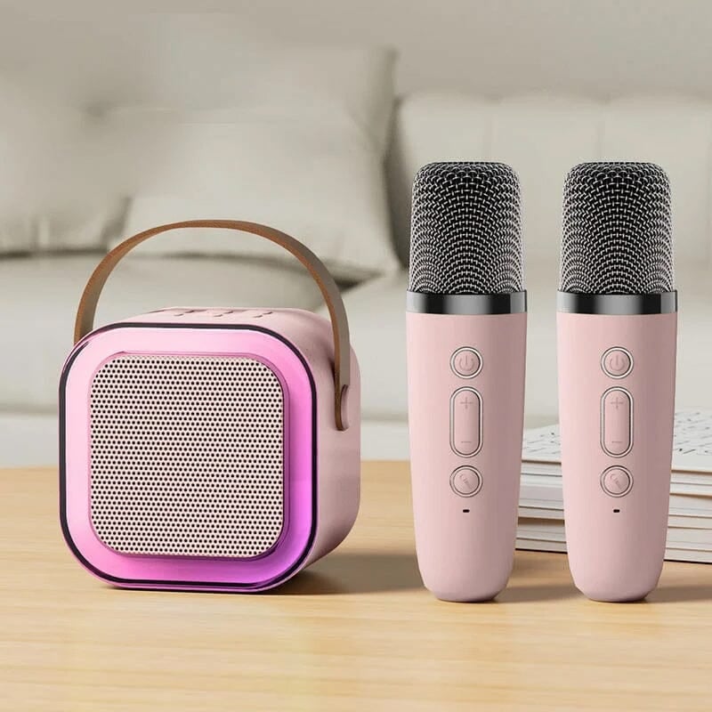 Kids' Bluetooth karaoke speaker with two wireless microphones for duet singing.