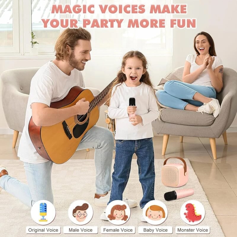 Children's mini karaoke system, battery-powered for on-the-go singing & parties.
