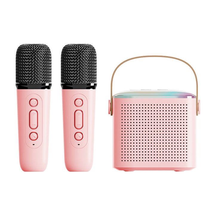 Portable kids' entertainment hub: mini karaoke machine & wireless microphones.