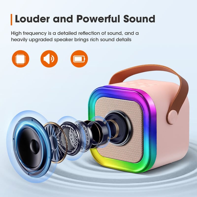 Gift for kids: portable karaoke machine with vibrant design & dual wireless mics.