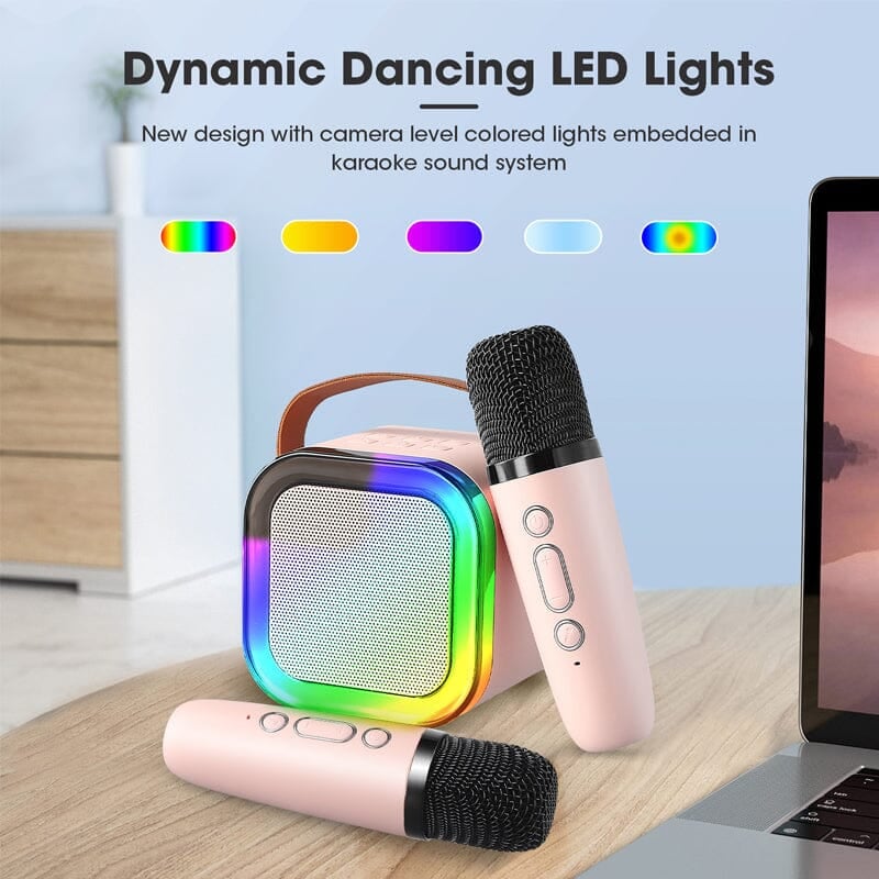 Mini karaoke speaker for children, connecting via Bluetooth for musical entertainment.