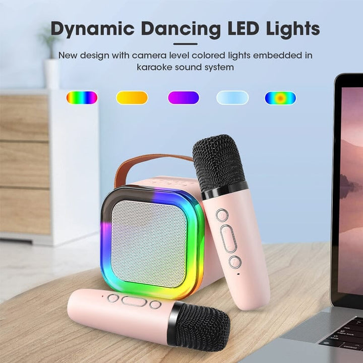 Mini karaoke speaker for children, connecting via Bluetooth for musical entertainment.