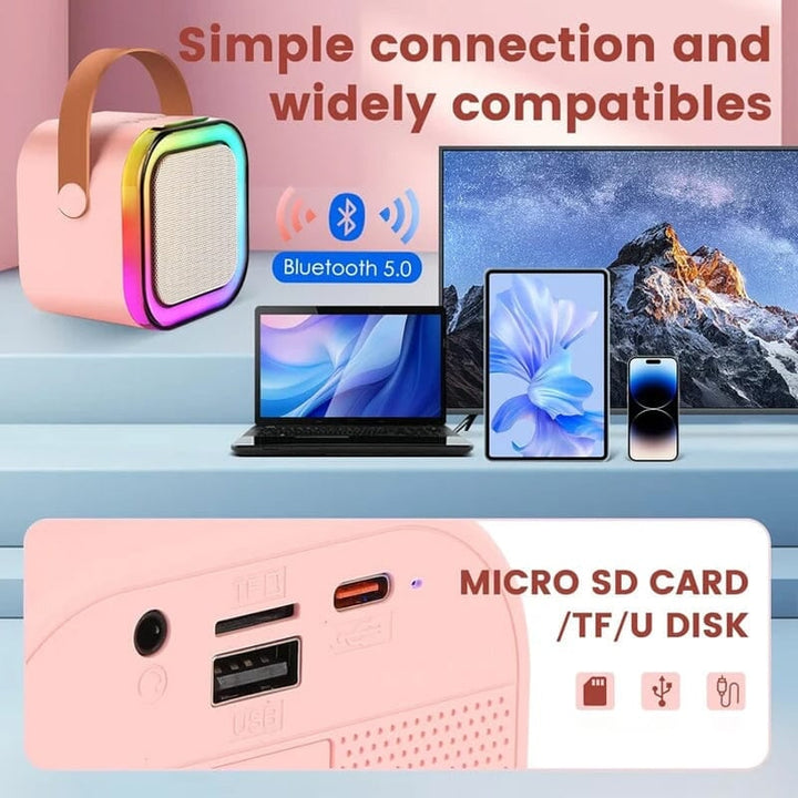 Kids' musical toy: colorful karaoke machine with two wireless microphones.