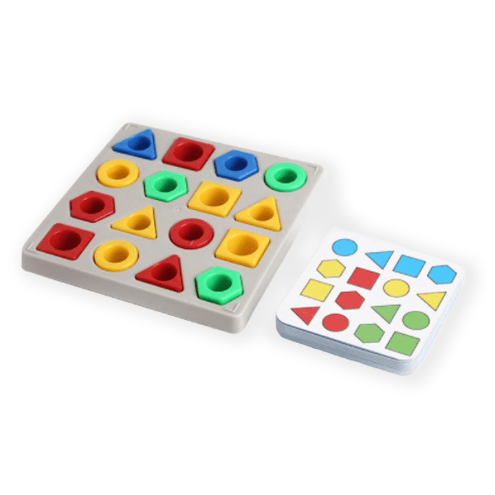 Assortment of geometric shapes in different colors, part of a kids' educational sensory toy