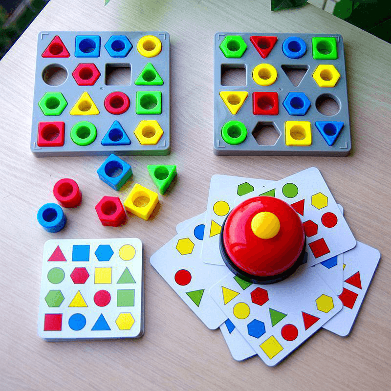 Parent and child interacting with a shape and color recognition sensory learning game