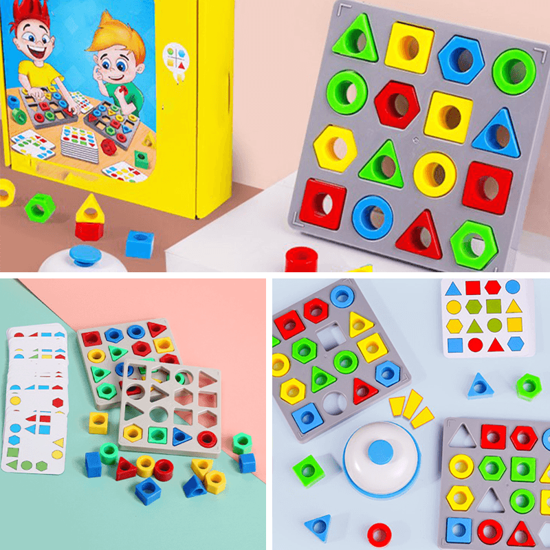 Toddler engaged with a vibrant shape matching educational toy, developing cognitive abilities