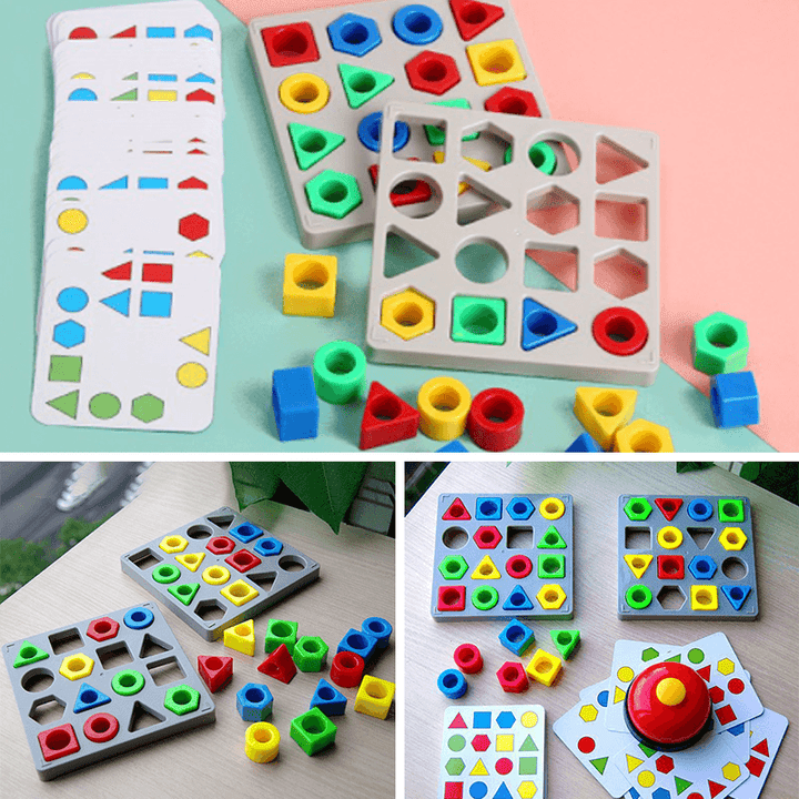 Close-up of a child's hands placing a red triangle into a sensory shape sorter toy