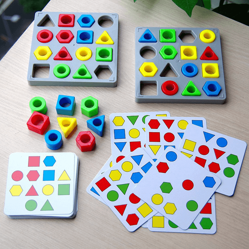 Overhead view of a complete shape and color sorting toy, ready for a toddler's activity