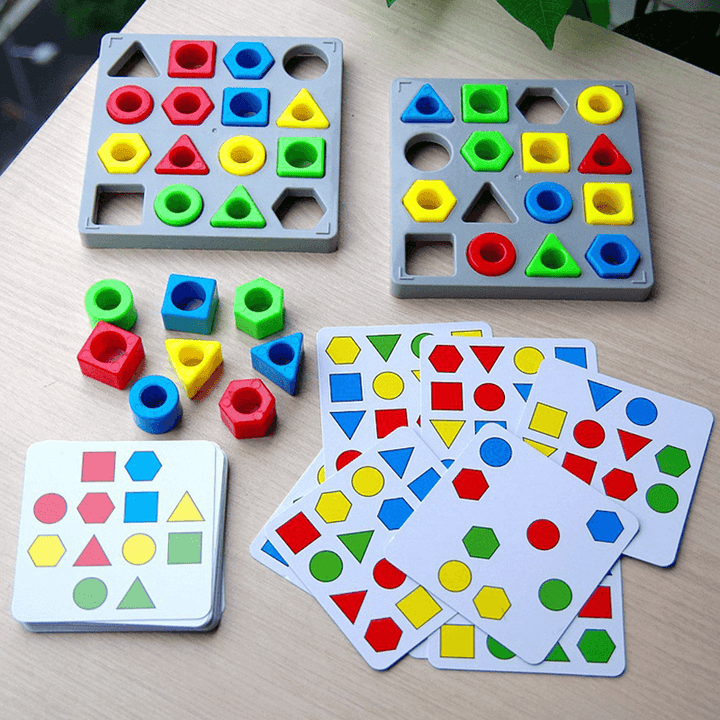 Overhead view of a complete shape and color sorting toy, ready for a toddler's activity