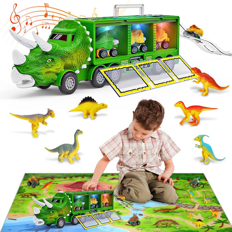 Yellow dinosaur carrier truck toy, designed for carrying and launching small toy creatures