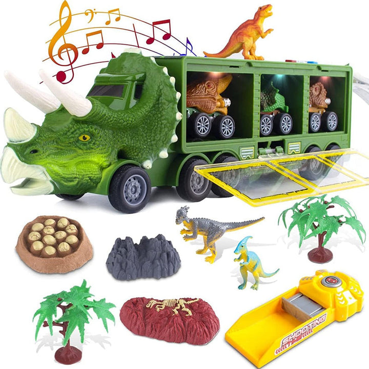 Top-down view of a musical dinosaur transport truck, showcasing its interactive features