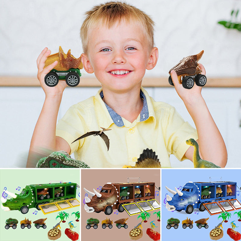 A child's hands operating the musical buttons on a dinosaur carrier truck toy